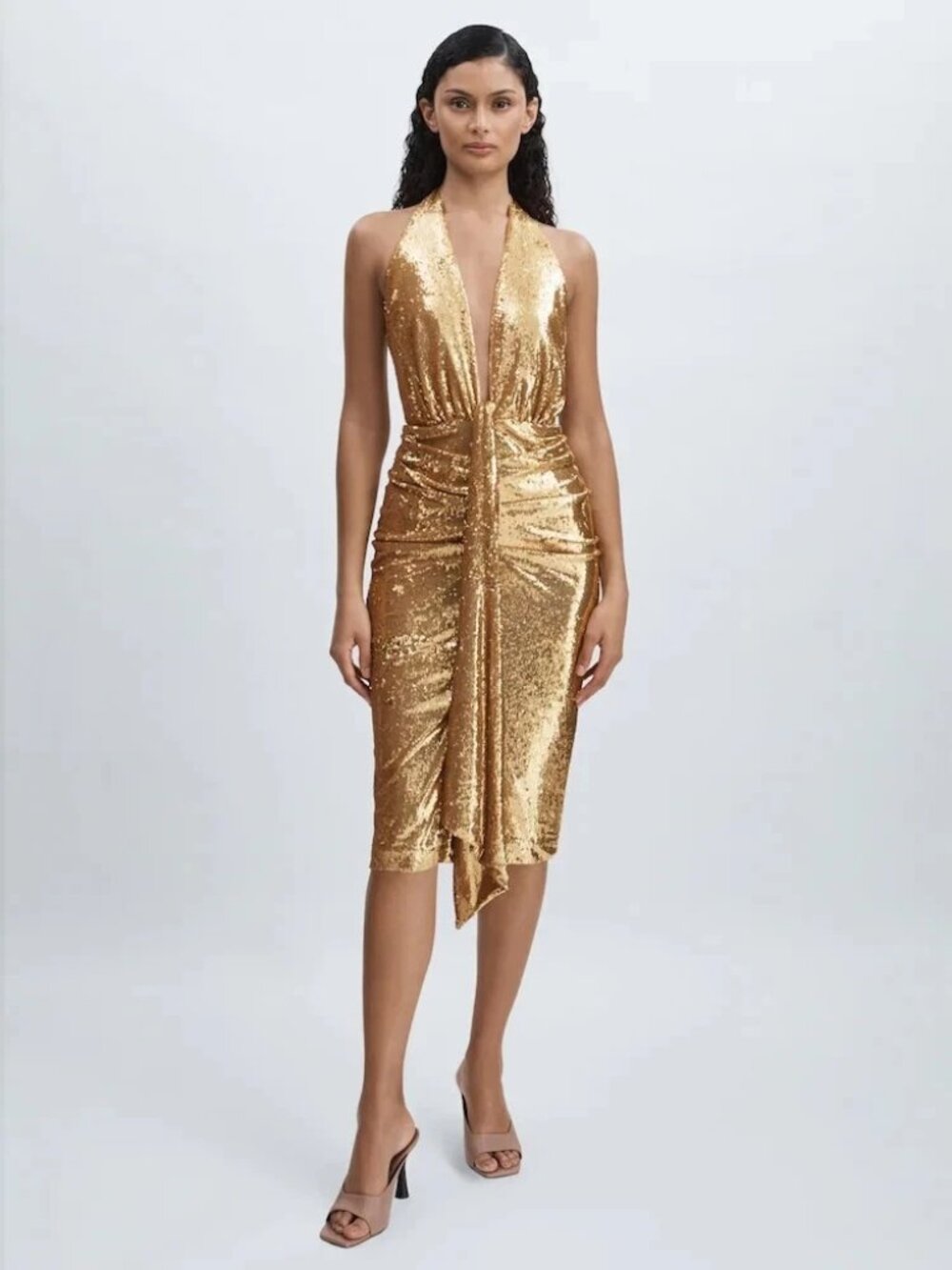 Halston Gpld Sya Sequin Halterneck Plunge Dress